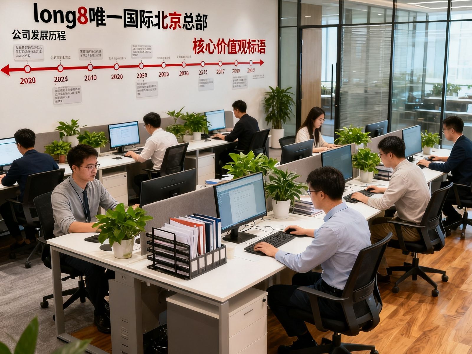 long8唯一国际北京总部开放式办公区，数十名员工在现代化工位上专注工作，墙上悬挂着公司发展历程时间轴与核心价值观标语