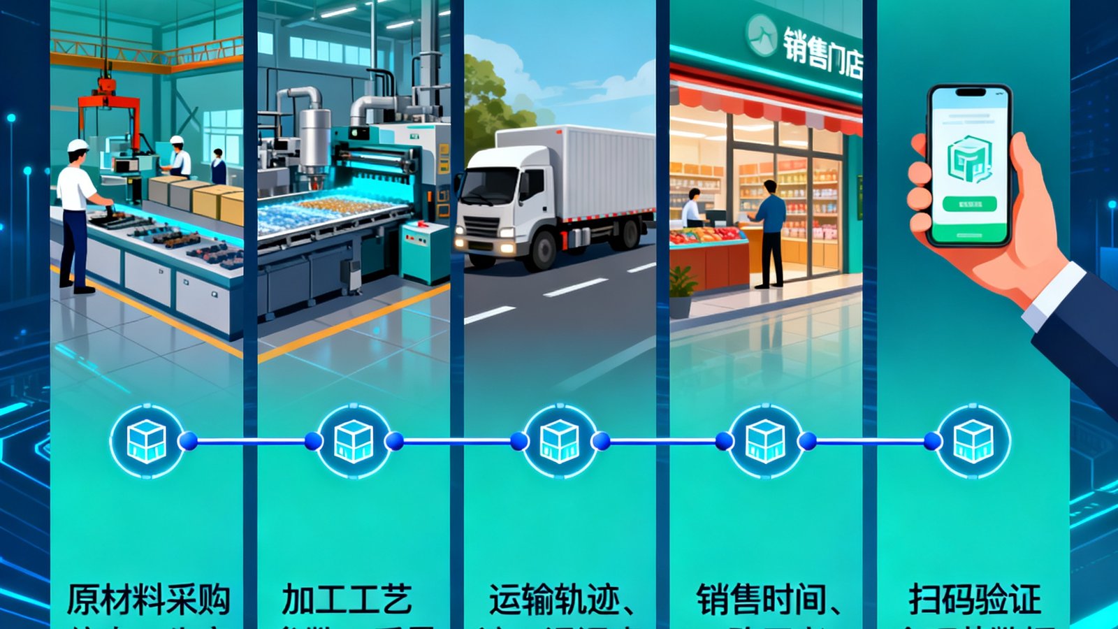 区块链溯源技术示意图，展示商品从生产到消费者手中各环节的数据上链流程