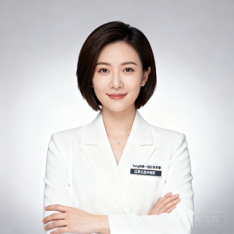 long8唯一国际赛事运营总监林雅雯，短发干练女性，穿着白色商务外套，双手交叉的职场形象照